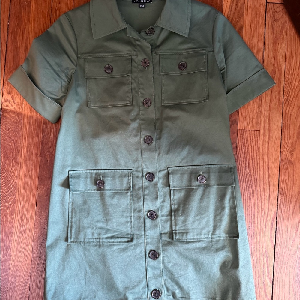 J. Crew Olive Utility Button-Front Short Sleeve Dress